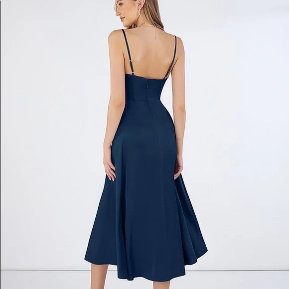 Azazie Navy Elma Stretch Satin Dress - Picture 2 of 6